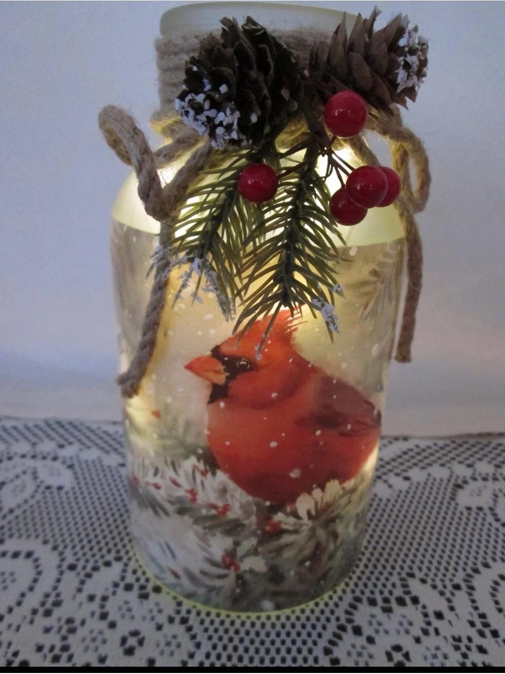 audrey Red Cardinal Holiday Decorative Jar with Plaid Ribbon light up luminary